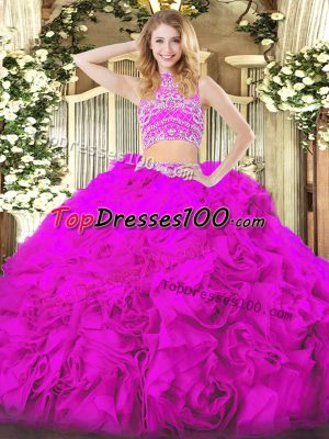 Floor Length Fuchsia Quinceanera Dress High-neck Sleeveless Backless