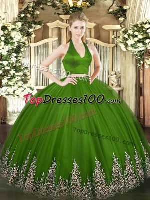 Luxurious Olive Green Two Pieces Halter Top Sleeveless Tulle Floor Length Zipper Appliques 15 Quinceanera Dress