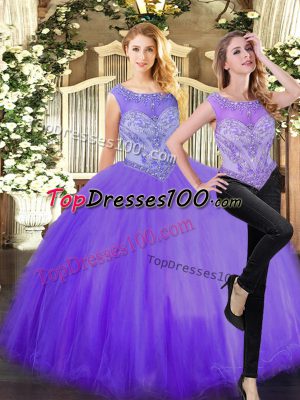 Luxury Eggplant Purple Ball Gowns Scoop Sleeveless Tulle Floor Length Zipper Beading 15 Quinceanera Dress