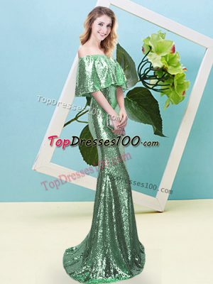 Charming Turquoise Sequined Zipper Prom Dress Short Sleeves Floor Length Sequins