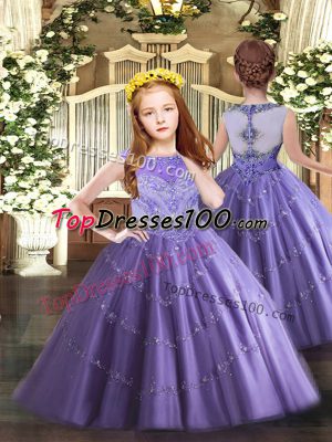 Most Popular Lavender Little Girls Pageant Dress Party and Quinceanera with Beading and Appliques Scoop Sleeveless Zipper