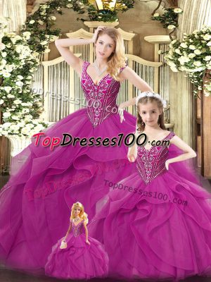 Luxury Fuchsia Straps Neckline Beading and Ruffles Quince Ball Gowns Sleeveless Lace Up