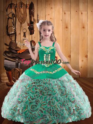 Classical Multi-color Ball Gowns Fabric With Rolling Flowers Straps Sleeveless Embroidery and Ruffles Floor Length Lace Up High School Pageant Dress