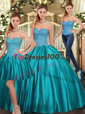 Popular Teal Lace Up Quinceanera Dress Beading Sleeveless Floor Length