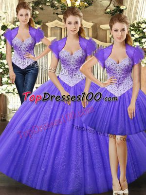 New Style Fuchsia Ball Gowns Tulle Straps Sleeveless Beading Floor Length Lace Up Sweet 16 Dress