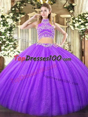 Exquisite Lavender High-neck Backless Beading Quinceanera Gowns Sleeveless
