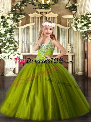 Luxurious Olive Green V-neck Lace Up Beading Little Girl Pageant Gowns Sleeveless