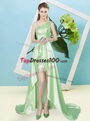 Apple Green One Shoulder Lace Up Sequins Prom Dresses Sleeveless
