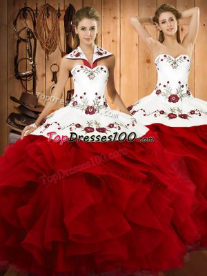 Ball Gowns Vestidos de Quinceanera Wine Red Halter Top Satin and Organza Sleeveless Floor Length Lace Up