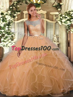 Customized Champagne Scoop Neckline Lace and Ruffles and Sashes ribbons Quinceanera Gowns Sleeveless Backless