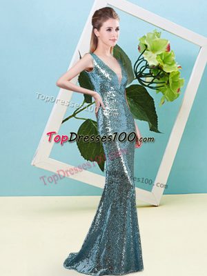 Romantic Teal Sequined Zipper V-neck Sleeveless Floor Length Prom Party Dress Sequins
