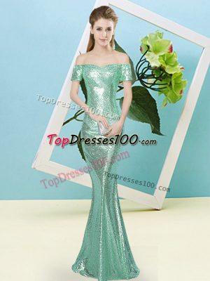 Off The Shoulder Short Sleeves Homecoming Dress Floor Length Sequins Apple Green Sequined