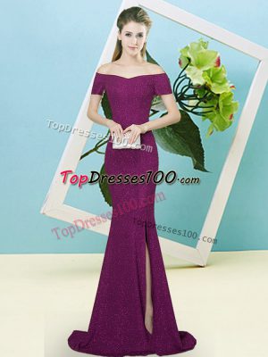 Sumptuous Off The Shoulder Short Sleeves Sweep Train Zipper Prom Evening Gown Purple Sequined