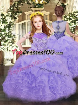 Sleeveless Organza Floor Length Zipper Pageant Dress for Teens in Lavender with Beading and Ruffles and Pick Ups