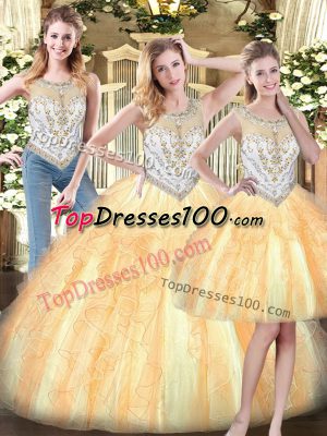 Top Selling Floor Length Zipper 15 Quinceanera Dress Gold for Military Ball and Sweet 16 and Quinceanera with Beading and Ruffles