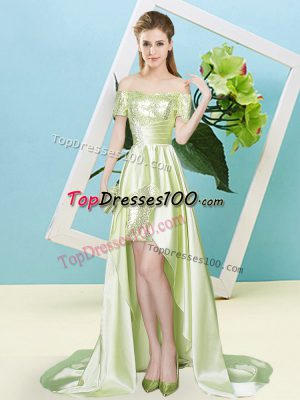 Perfect Short Sleeves Elastic Woven Satin and Sequined High Low Lace Up Prom Dress in Yellow Green with Sequins