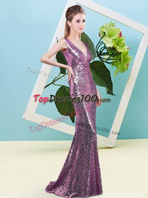 Lilac Zipper Evening Dress Sequins Sleeveless Floor Length