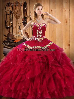 Comfortable Sweetheart Sleeveless Lace Up Quinceanera Gown Wine Red Satin and Organza