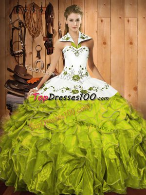 Fabulous Olive Green Halter Top Lace Up Embroidery and Ruffles Sweet 16 Quinceanera Dress Sleeveless