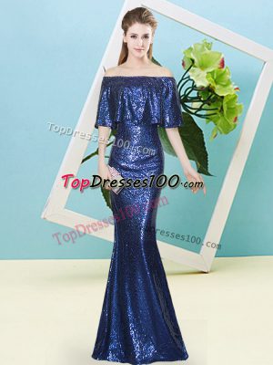 Royal Blue Zipper Prom Dress Sequins Half Sleeves Floor Length