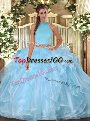 Custom Designed Light Blue Backless Halter Top Beading and Ruffles Sweet 16 Dresses Organza Sleeveless