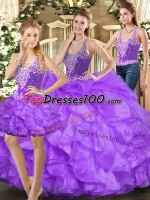 Top Selling Eggplant Purple Straps Lace Up Beading and Ruffles 15th Birthday Dress Sleeveless