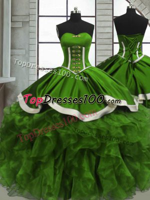 Fabulous Green Ball Gowns Organza Sweetheart Sleeveless Beading and Ruffles and Ruching Floor Length Lace Up Sweet 16 Dresses