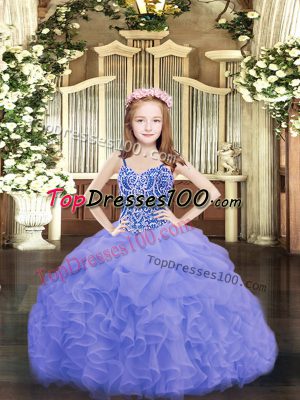 Blue Spaghetti Straps Neckline Beading and Ruffles and Pick Ups Little Girls Pageant Gowns Sleeveless Lace Up