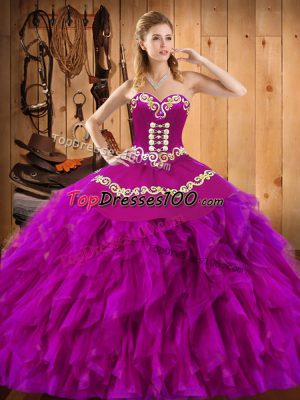 Inexpensive Fuchsia Satin and Organza Lace Up Quince Ball Gowns Sleeveless Floor Length Embroidery and Ruffles