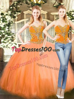 Pretty Orange Red Sleeveless Tulle Lace Up Vestidos de Quinceanera for Military Ball and Sweet 16 and Quinceanera