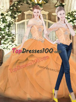 New Style Organza Off The Shoulder Sleeveless Lace Up Beading and Ruffles Sweet 16 Dress in Orange Red