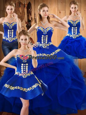 Simple Floor Length Lace Up Sweet 16 Quinceanera Dress Blue for Military Ball and Sweet 16 and Quinceanera with Embroidery and Ruffles