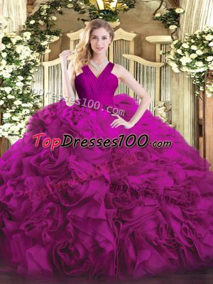 Luxury Organza and Fabric With Rolling Flowers V-neck Sleeveless Zipper Ruffles Quinceanera Dress in Fuchsia