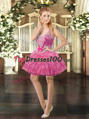 Stylish Rose Pink Dress for Prom Prom and Party with Beading and Ruffled Layers and Pick Ups Straps Sleeveless Lace Up