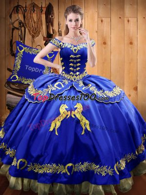 Royal Blue Lace Up Off The Shoulder Beading and Embroidery Ball Gown Prom Dress Satin and Organza Sleeveless