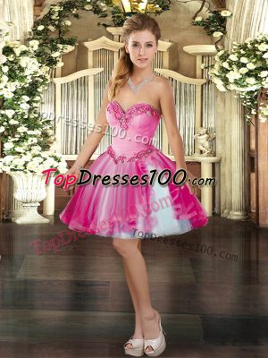 Spectacular Sweetheart Sleeveless Prom Dresses Mini Length Beading Hot Pink Tulle