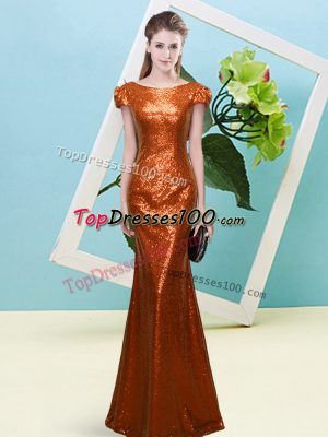 Floor Length Rust Red Evening Dress Sequined Cap Sleeves Sequins