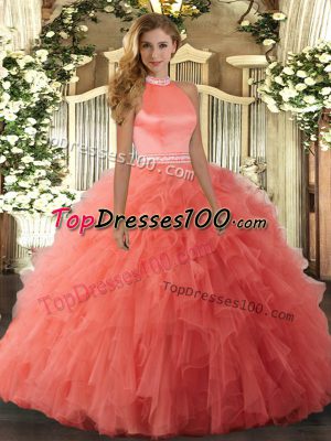 New Arrival Halter Top Sleeveless Quinceanera Gown Floor Length Beading and Ruffles Orange Red Organza