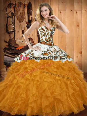 Custom Designed Ball Gowns Vestidos de Quinceanera Gold Sweetheart Satin and Organza Sleeveless Floor Length Lace Up