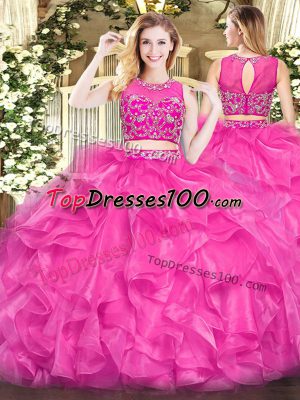 Dazzling Floor Length Hot Pink 15 Quinceanera Dress Scoop Sleeveless Zipper
