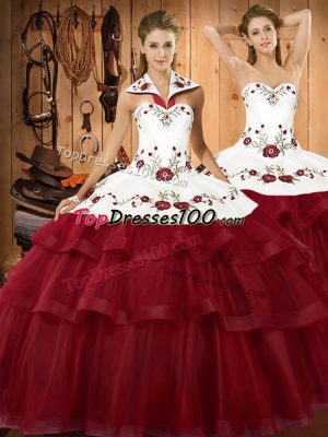 Lovely White And Red Halter Top Lace Up Embroidery and Ruffled Layers 15 Quinceanera Dress Sweep Train Sleeveless