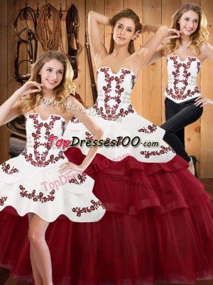 Strapless Sleeveless Tulle 15 Quinceanera Dress Embroidery and Ruffled Layers Sweep Train Lace Up