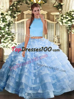 Two Pieces Quinceanera Gown Light Blue Halter Top Organza Sleeveless Floor Length Backless