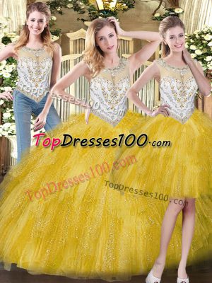 Modern Scoop Sleeveless Zipper Quinceanera Gown Yellow Organza
