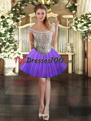 Delicate Lavender Tulle Lace Up Off The Shoulder Sleeveless Mini Length Dress for Prom Beading