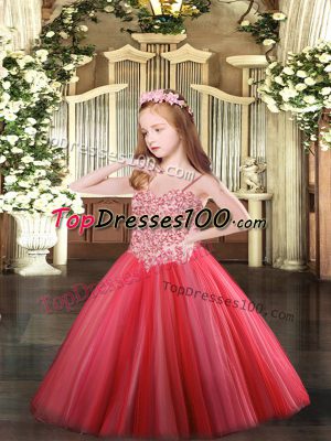 Sleeveless Tulle Floor Length Lace Up Kids Pageant Dress in Coral Red with Appliques