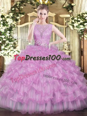 New Style Sleeveless Floor Length Beading and Ruffled Layers Backless 15 Quinceanera Dress with Lilac