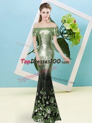 Short Sleeves Floor Length Sequins Zipper Prom Gown with Yellow Green