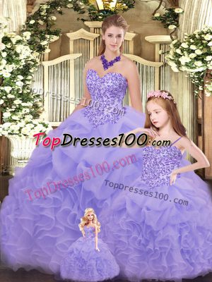 Top Selling Floor Length Lace Up Sweet 16 Dresses Lavender for Military Ball and Sweet 16 and Quinceanera with Beading and Ruffles