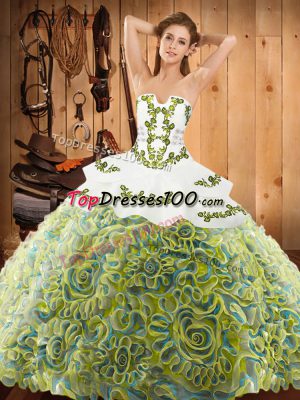 Edgy Strapless Sleeveless Vestidos de Quinceanera With Train Sweep Train Embroidery Multi-color Satin and Fabric With Rolling Flowers